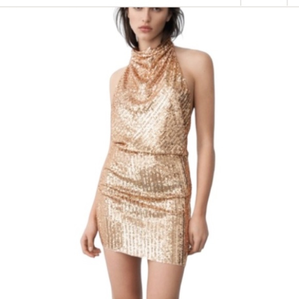 Zara Gold Sequins Flowing Halter Neck Open Back Dress Blogger Favorite Size M